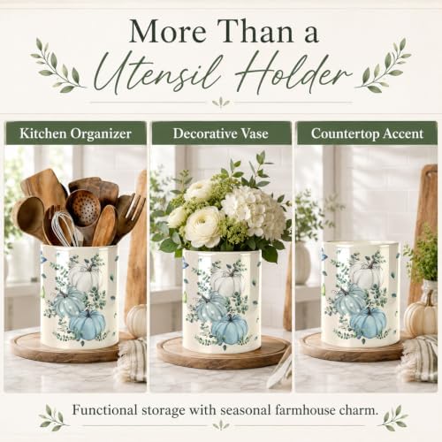 Fall Blue Kitchen Utensil Holder, Pumpkin Large Ceramic Utensil Holder For Kitchen Organizer, Autumn Farm 6.3'' Cooking Utensil Crocks Rustic Decor Utensil Storage Cup for Countertop - Image 7