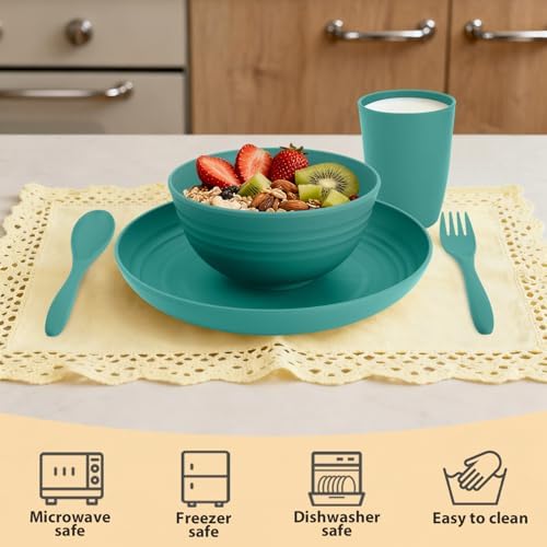 Wheat Straw Dinnerware Sets for 4, 20 PCS Unbreakable Lightweight Kids Plates and Bowls Sets, Dishwasher Microwave Safe Dinnerware Set, Perfect for Kitchen Dorm Camping Outdoor - Green - Image 5