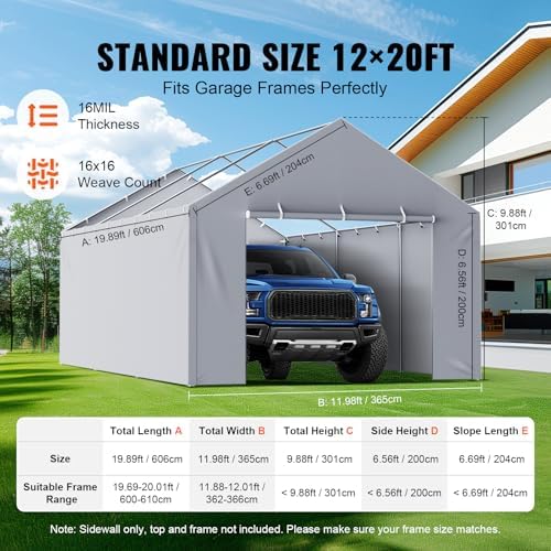 VEVOR Carport Replacement Canopy Cover Side Wall 12 x 20 ft, Garage Tent Shelter Tarp Heavy-Duty Waterproof & UV Protected, Easy Installation with Ball Bungees,Grey (Top and Frame Not Included) - Image 4
