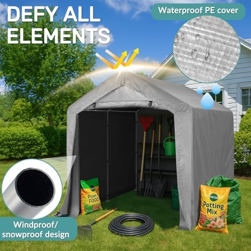VINGLI Outdoor Portable Storage Shed, Heavy Duty Bike Tent with Roll-up Zipper Door, Waterproof and UV Resistent Carport for Motorcycle, Garden Tools and Firewood (Gray, 8x8x6.7 FT) - Image 5