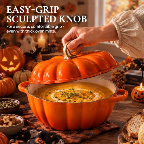 Overmont Pumpkin Enameled Cast Iron Dutch Oven with Lid,4.5 QT,Orange - Image 2