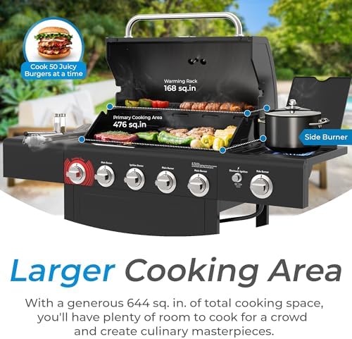 Kenmore 4-Burner Gas Grill with Side Burner, Outdoor BBQ Grill, Propane Gas Grill, Cast Iron Cooking Grates, Electronic Ignition, Warming Rack, Open Cart Design, 53000 BTUs, Black - Image 2