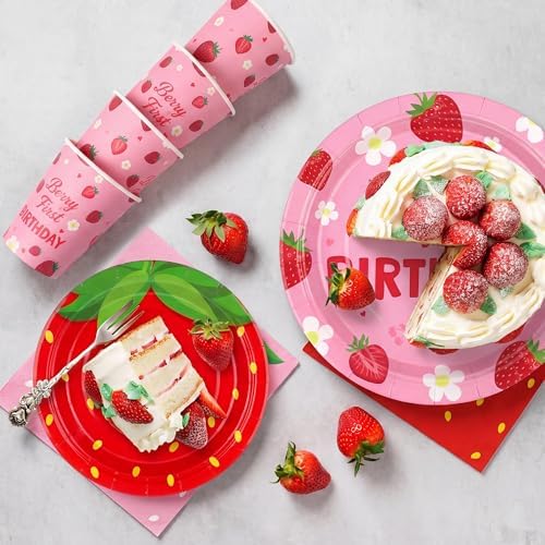 Kochorie 96 Pieces Berry First Birthday Decor Disposable Strawberry Tableware Set Include Fruit 7/9 Inch Paper Plates Cups Napkins Serve 24 Guests for Sweet One Baby Shower Berry Party Supplies - Image 4