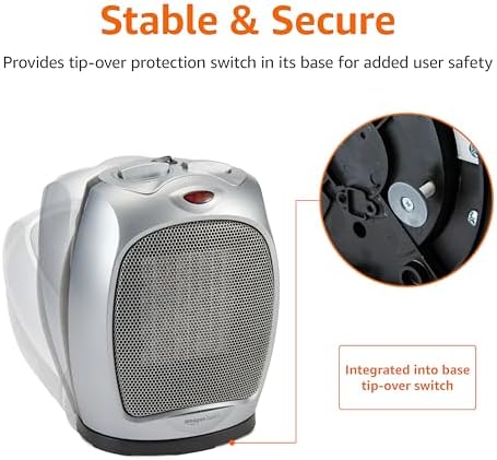 Amazon Basics Oscillating Ceramic Portable Indoor Space Heater, Fast Heating Technology, Overheat and Tip-Over Protection, Adjustable Thermostat, 1500W, 7.52"D x 6.34"W x 9.45"H, Silver - Image 5