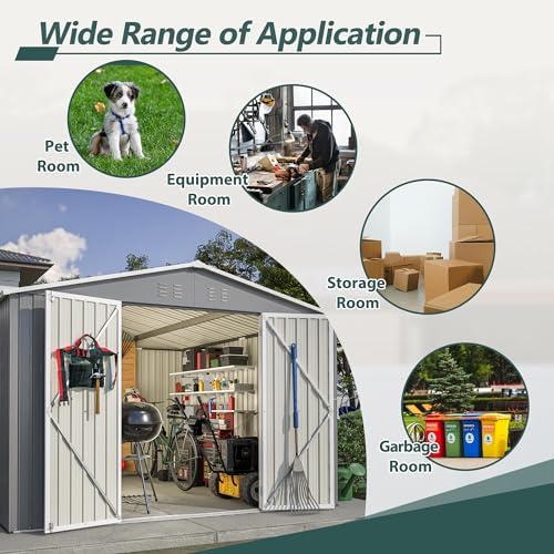 YOPTO 10x10 FT Outdoor Storage Shed,Metal Shed W/Updated Frame Structure & Lockable Door,Garden Tool House W/Air Vent & Sloped Roof,for Backyard,Patio,Lawn,Grey - Image 7