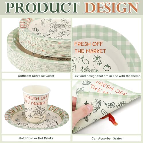FoldTier 350 Pcs Fresh off the Market Bridal Shower Party Tableware - Paper Plate, Napkin, Cup, Cutlery, Disposable Fresh off the Market Party Decorations for Family and Friends, 50 Guests - Image 4
