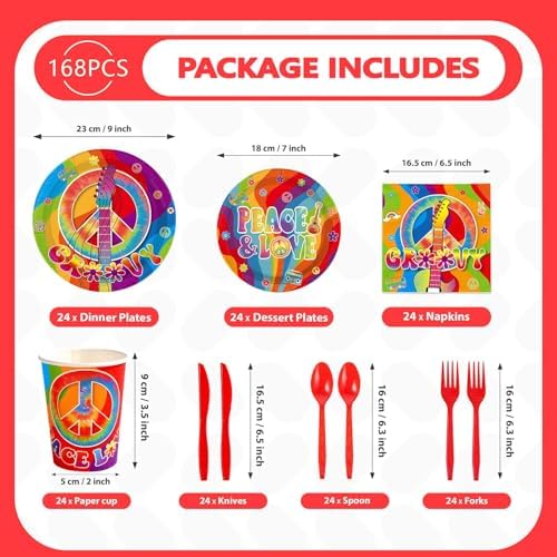 168Pcs Hippie Party Supplies for 60s 70s Hippie Theme Serves 24 - Image 2