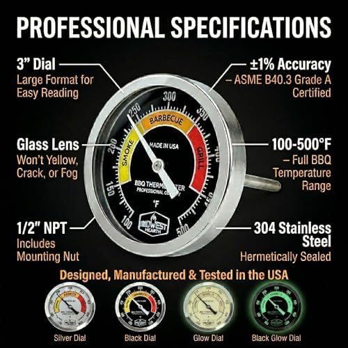 Midwest Hearth BBQ Smoker Thermometer, 3" Dial, ASME Grade A, Glass Lens, Made in USA, 4-in Stem, Black Glow Dial - Image 3