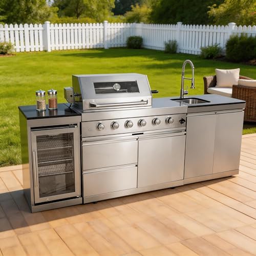 104-Inch 4 Burner 72000 BTU Stainless Steel Outdoor Kitchen Bar, 4 Units Modular Propane Gas BBQ Island Grill (Free Combination) with Wine Cooler, Refrigerator, Granite Countertops & Storage, Silver by Dvasovio