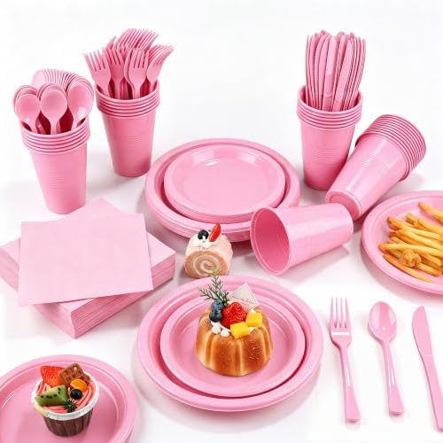 Kochorie 240 Pieces Pink Plastic Dinnerware Set Disposable Heavy Duty Plates Napkins Cups and Silverware Dessert Dinner Plates for Birthday Wedding Baby Shower Party Supplies, Serves 30 Guests by Kochorie
