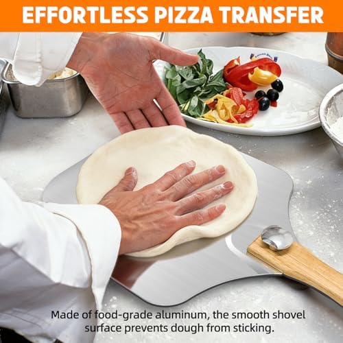 Pizza Peel and Pan Set, 6 Piece Pizza Oven Accessories, 12 Inch Metal Pizza Paddle with Foldable Wooden Handle, 8 Inch Metal Peel, Rocker Cutter, Server, Stainless Steel Plates and Tongs - Image 3