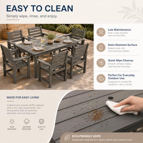 7-Piece Two-Tone Gray Patio Dining Table Sets, All-Weather HDPE Outdoor Furniture Set with Umbrella Hole, Light Gray Rectangular Table and 6 Dark Gray Chairs for Backyard Deck Garden - Image 5