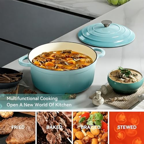 Miereirl 6 Quart Enameled Dutch Oven Pot with Lid, Cast Iron Dutch Oven with Dual Handles for Bread Baking, Cooking, Non-stick Enamel Coated Cookware, Light Blue - Image 3