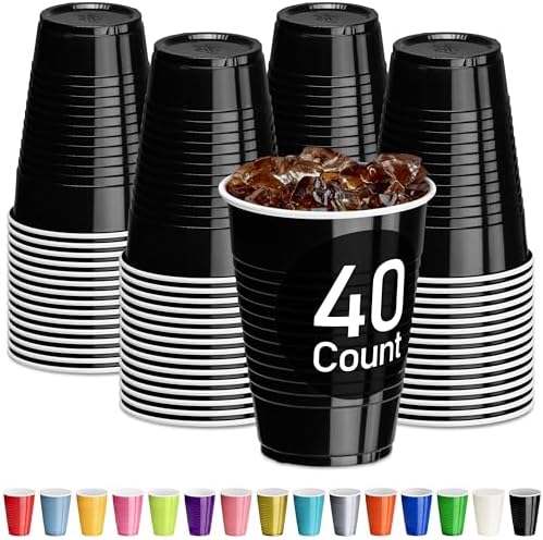 DecorRack Black 12 oz Plastic Cups, Disposable Party Supplies (40 Pack) by DecorRack