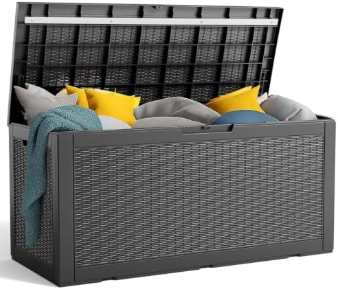 PatioZen 120 Gallon Outdoor Deck Box,Waterproof Resin Outdoor Storage Boxes, Outside Storage Lockable Container for Garden Tools,Indooor Cushions,Accessories (Black) by OutdoorLivingPerfected