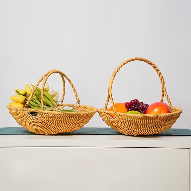 Plastic Imitation Rattan Woven Hand Basket Outdoor Picnic Picking Vegetables and Fruits Kitchen Living Room Egg Snack Basket (Brown2,29.5x24.5cm) - Image 5