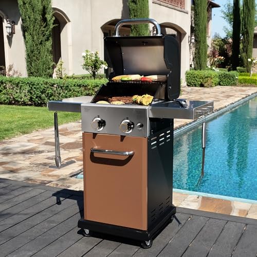 Permasteel 2-Burner Propane Gas Grill, BBQ Grill with Foldable Side Tables & Tool Hooks, Perfect for Outdoor Cooking, Patio & Garden, Copper - Image 2
