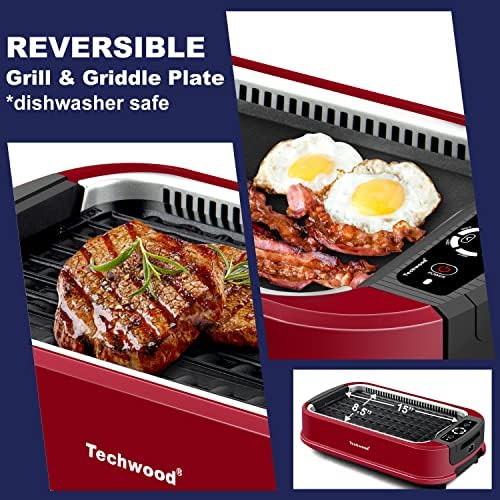 Indoor Smokeless Grill, Techwood 1500W Electric Indoor Grill with Tempered Glass Lid, Portable Non-stick Korean BBQ, Turbo Smoke Extractor Technology, Drip Tray& Double Removable Plate, Red - Image 3