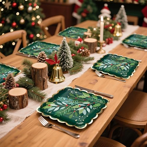 WRAPAHOLIC 25Pcs Christmas Paper Plates - 9 Inch Gold Foil and Green Holly Berry Disposable Plates Decorative Dinner Plates for Christmas Party Tableware Supplies Table Decor - Image 5