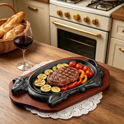 Cast Iron Steak Plate Sizzle Griddle Skillet with Wooden Base (7.8" x 5.1" Inch) - Image 5