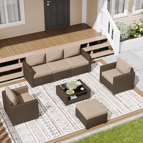 LOUVIXA 7 Piece Outdoor Patio Furniture Set, Rattan Chairs Glass Table Wicker Conversation Seating Sectional Sofa with Cushions (Brown-Camel, 7Pcs-2 Layer Coffee Table) - Image 5