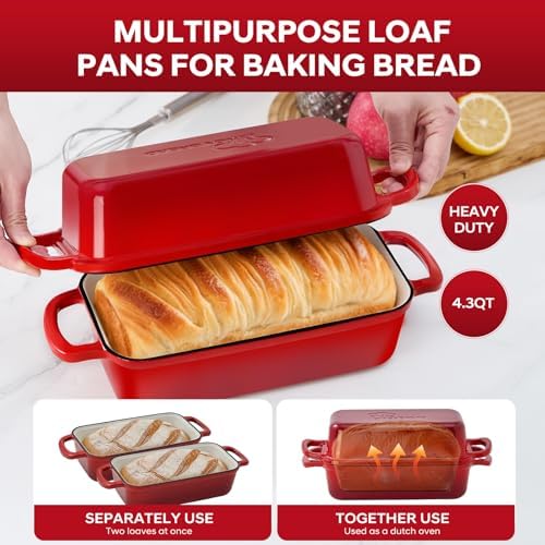 Cast Iron Loaf Pan with Lid 10x5 Inch Enameled Bread Loaf Pan for Sourdough, 2 Piece Set, Red - Image 3