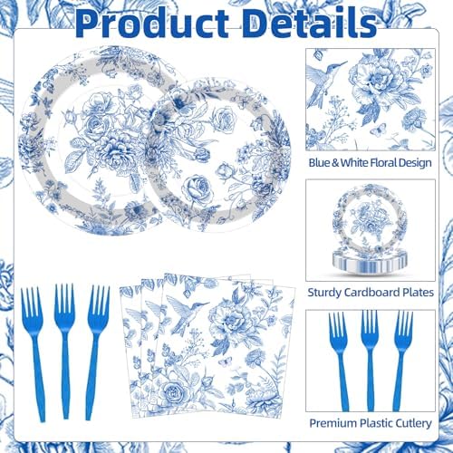 100 Pcs Blue and White Floral Tableware Party Supplies Set, Serves 25 – Disposable Elegant Flower Paper Plates, Napkins, and Plastic Forks for Wedding, Bridal Shower, Birthday, Garden Tea Decorations - Image 3