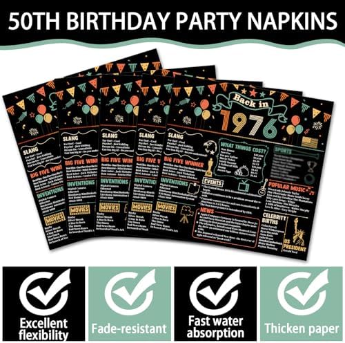 96Pcs 50th Birthday Party Paper Plates and Napkins 50th Birthday Supplies for Men and Women Disposable Dessert Plates Back in 1976 Colorful Tableware 1976 Birthday Gatherings Decorations - Image 4