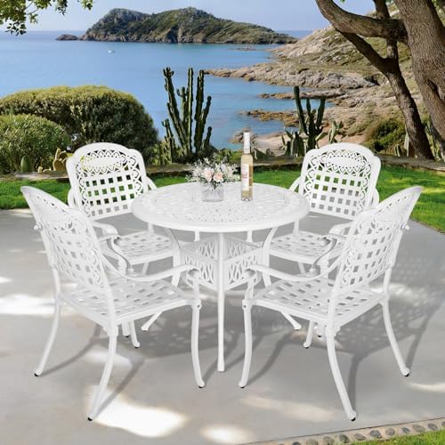 VIVIJASON 5-Piece Outdoor Patio Furniture Dining Set, All-Weather Cast Aluminum Conversation Set, Include 4 Chairs and 38.5" Round Table w/Umbrella Hole for Balcony, Lawn, Garden, Backyard, White - Image 7