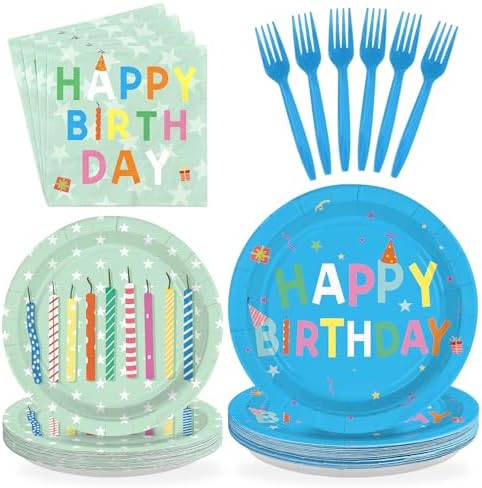 96Pcs Blue Green Happy Birthday Party Decorations Serves 24 by Greencian