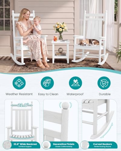 SERWALL Comfortable Outdoor Rocking Chairs Set of 3, White - Image 4