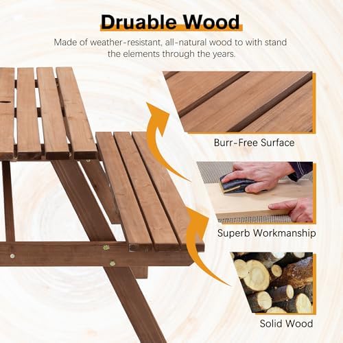 75'' Rectangular Outdoor Dining Table Wooden Patio Dining Table & 2 Built-in Bench for 8, 2" Umbrella Hole, Suitable for Backyard Garden Porch, Brown - Image 4
