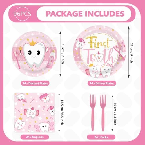 96Pcs First Tooth Themed Party Decoration for Girls, Serves 24 - Image 5