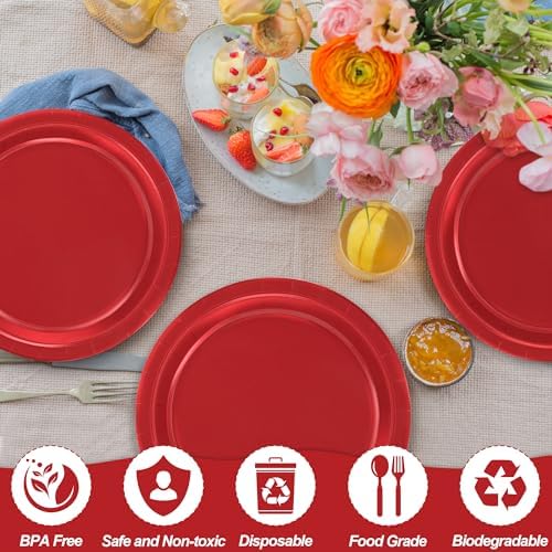 50 Pack Red Paper Plates 9" Round Heavy-duty Red Dinner Plates for Party - Image 3