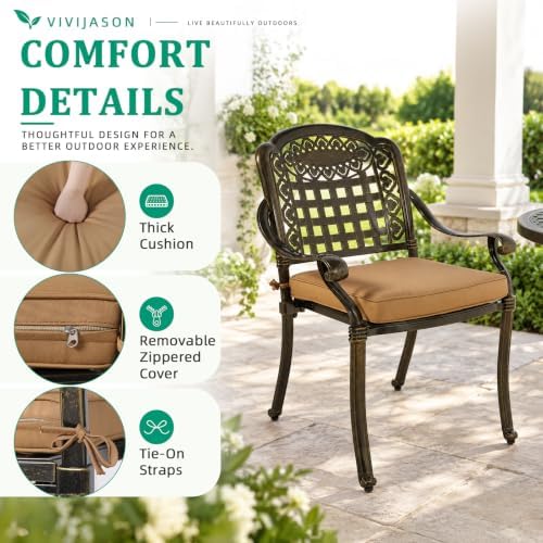 VIVIJASON 5-Piece Patio Furniture Dining Set, All-Weather Cast Aluminum Outdoor Conversation Set, Include 4 Cushioned Chairs and a 35.4" Round Table w/Umbrella Hole for Balcony, Lawn, Garden, Backyard - Image 4