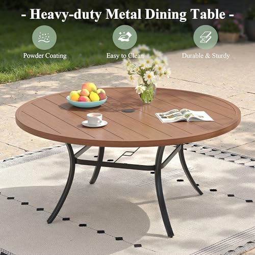 Outdoor Dining Table for 6, 50" Round Outdoor Table with Adjustable Umbrella Hole, All-Weather Metal Patio Dining Table for Lawn Garden Backyard Deck, Walnut - Image 7