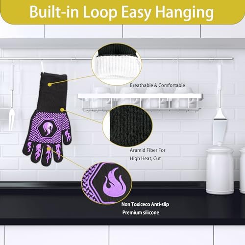 BBQ Gloves 1472F Heat Resistant Non-Slip Silicone (Purple) - Image 3