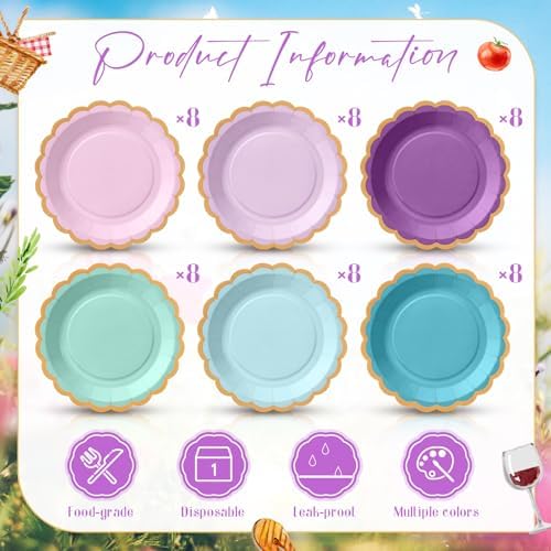 48 Pcs Mermaid Paper Plates 9 Inch Scalloped Pink Blue Purple - Image 2
