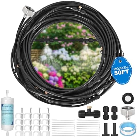 50ft/15M Misters for Outside Patio with Water Filter Misting Systems Pre-Assembled 15 Brass Mist Nozzles, Installation-Free Outdoor Misting Cooling System for Garden Waterpark Greenhouse by GrowYourGreenParadise