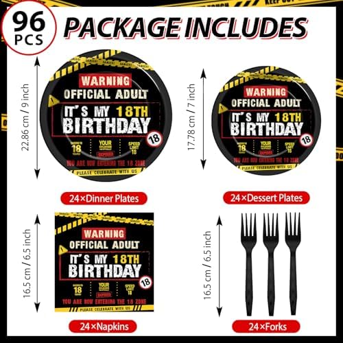 96 PCS Caution Logos 18th Birthday Party Paper Plates and Napkins 18 Years Old Party Decoration Warning Themed Official Adult 18th Dinnerware for Boys Girls 18 Year Old Birthday Gatherings Decorations - Image 2