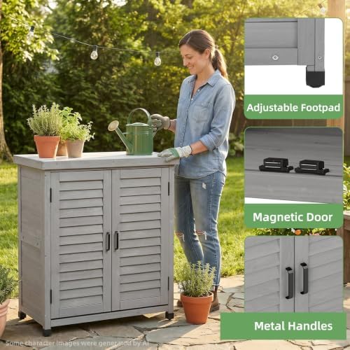 Outdoor Storage Cabinet with Metal Tabletop, Cedar Wood Garden Workstation - Image 6