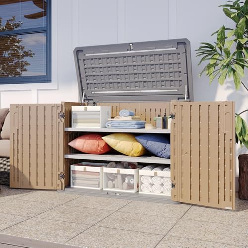 Aoxun Outdoor Storage Cabinet with 2 Shelves, 35 Cu Ft Waterproof Portable Horizontal Resin Shed Outdoor Storage for Garbage Bin, Generators & Yard Gear, and Lawn Mower (Brown) - Image 7