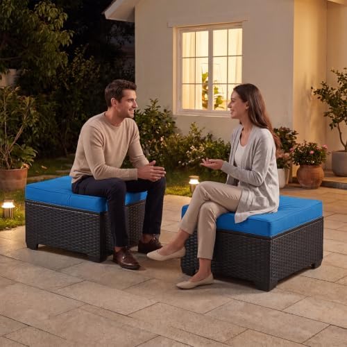 Aoxun 2 Piece Patio Sofa Ottomans with 4" Thick Cushions, Wicker Outdoor Couch Extension Set, All-Weather Rattan Seating Accessory for Backyard Furniture, Peacock Blue - Image 6