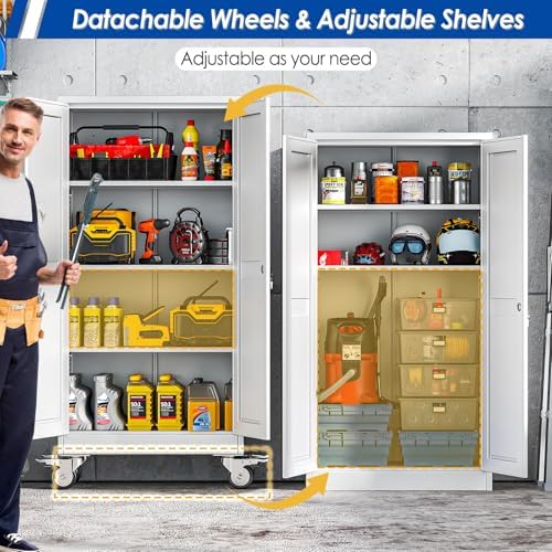 GAIOUS Metal Garage Storage Cabinet with Lock, 61” Tall Lockable File Cabinet with Wheels, Steel Tool Cabinet with 2 Door and 3 Adjustable Shelves, Rolling Cabinet for Home Office Garage Gym - White - Image 3