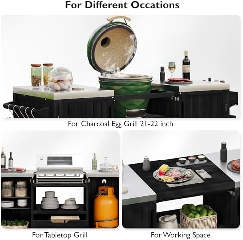 66.5" Outdoor Kitchen Island for Big Green Egg Grill, Solid Wood Outdoor Grill Cart for Tabletop Grill with Stainless Steel Top, Drawer, Compatible with Large Big Green Egg, Kamado Joe-Black - Image 6