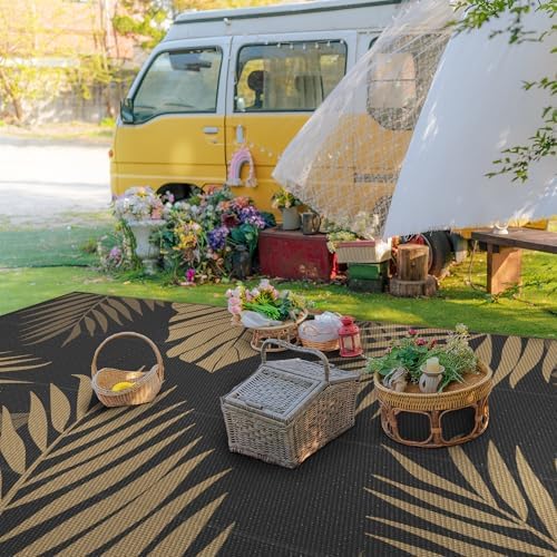 GENIMO Outdoor Rug, Waterproof Plastic Rugs 8'x16' for Camping Black Brown - Image 3