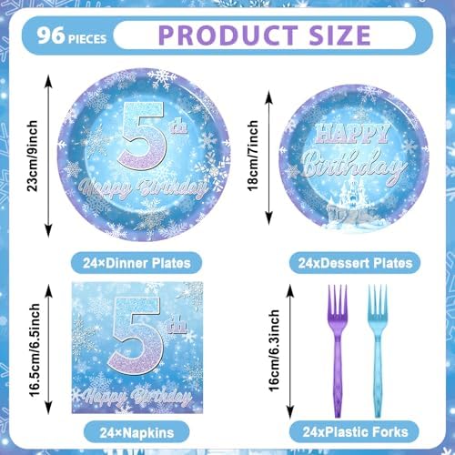 Snowflake Winter Wonderland 5th Birthday Paper Plates Napkins Forks Disposable Dinnerware Happy 5th Birthday Blue and Purple Winter Snowflake Tableware for Kids Christmas onderland Party Decorations - Image 2