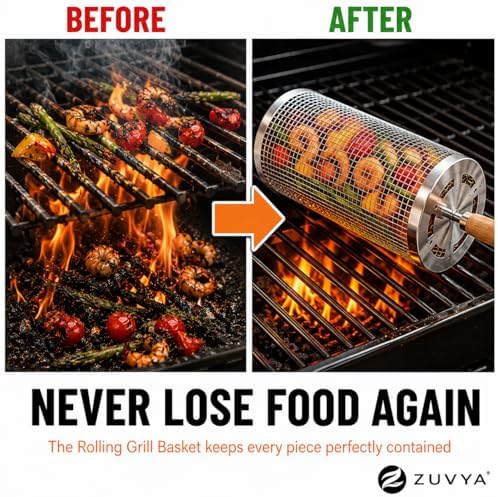 Rolling Grill Basket 2-Pack, 304 Stainless Steel Grilling Basket with Removable Wooden Handle, Nesting BBQ Baskets for Outdoor Grill, Vegetables Shrimp & Meat, Smoker Camping Accessories, BBQ Gifts for Men Dad - Image 6