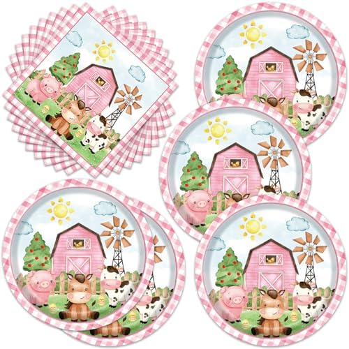 Egami 40pcs pink Farm Party Supplies,include 20 Dessert plate and 20 Napkin,Farm Animal Party Plate Napkin Set,Used for Animal Party Decoration by Egami