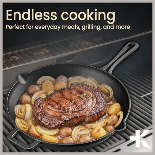 Bakken 12" Cast Iron Skillets, Pre-Seasoned Frying Pan with Even Heat Retention Cooking, Versatile for Stove, Oven, Grill & Campfire, Easy-Grip Handles, Hand Wash Only, 6.61 lbs - Image 4